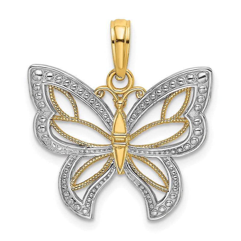 14K Gelbgold & Rhodium mit Rhodium-Schmetterling mit weißen Perlenflügeln-Charm