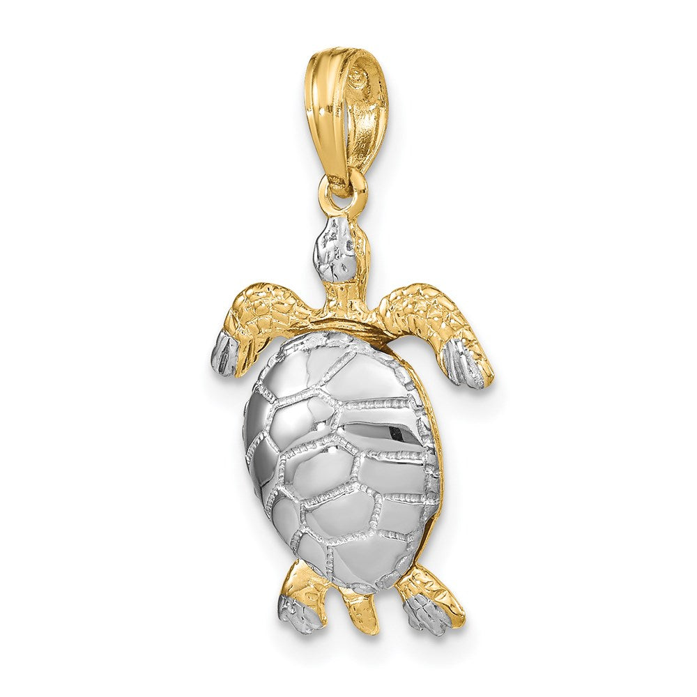 14k Gelb- und Rhodiumgold mit weißem Rhodium, poliert, beweglicher 3-D-Meeresschildkröten-Charm