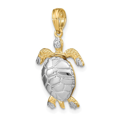 14k Gelb- und Rhodiumgold mit weißem Rhodium, poliert, beweglicher 3-D-Meeresschildkröten-Charm