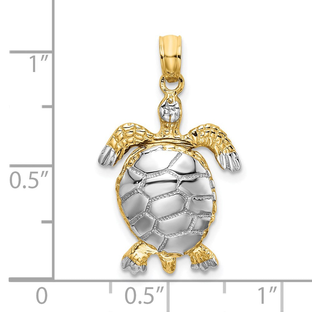 14k Gelb- und Rhodiumgold mit weißem Rhodium, poliert, beweglicher 3-D-Meeresschildkröten-Charm