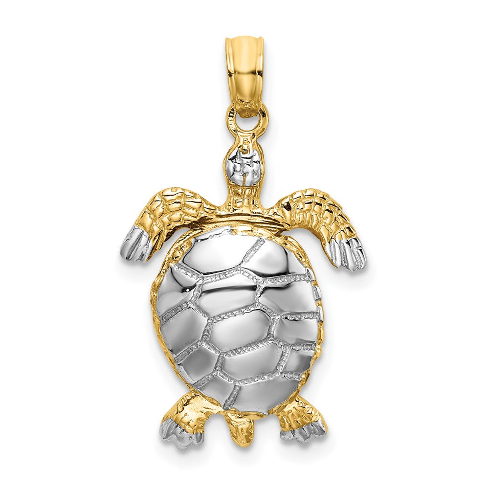 14k Gelb- und Rhodiumgold mit weißem Rhodium, poliert, beweglicher 3-D-Meeresschildkröten-Charm