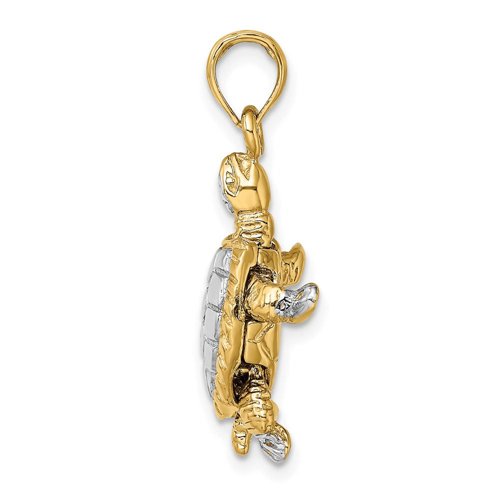 14K Gelb- und Rhodiumgold mit Weißrhodium 3-D-Landschildkröten-Charm mit beweglichem Kopf