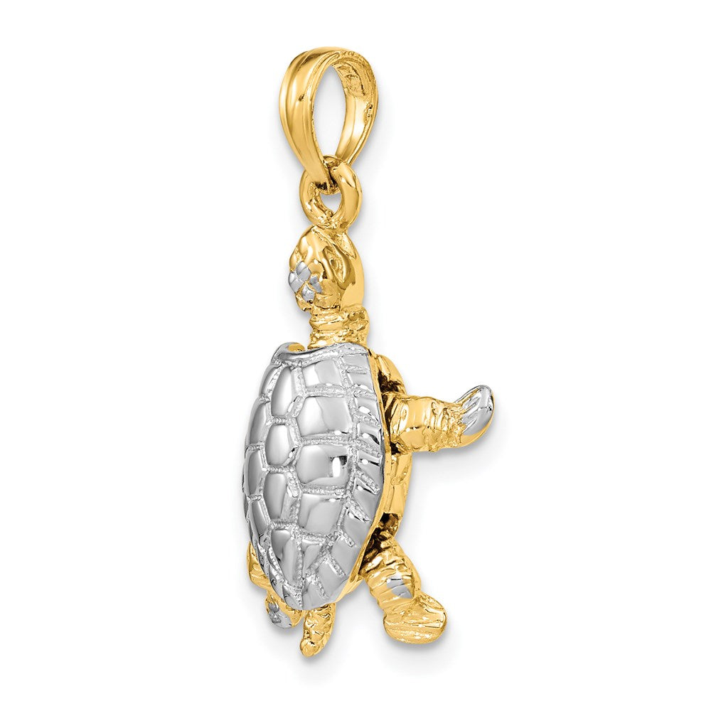 14K Gelb- und Rhodiumgold mit Weißrhodium 3-D-Landschildkröten-Charm mit beweglichem Kopf