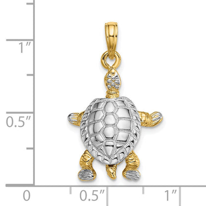14K Gelb- und Rhodiumgold mit Weißrhodium 3-D-Landschildkröten-Charm mit beweglichem Kopf