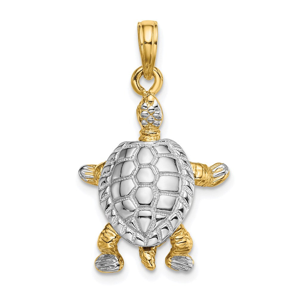 14K Gelb- und Rhodiumgold mit Weißrhodium 3-D-Landschildkröten-Charm mit beweglichem Kopf