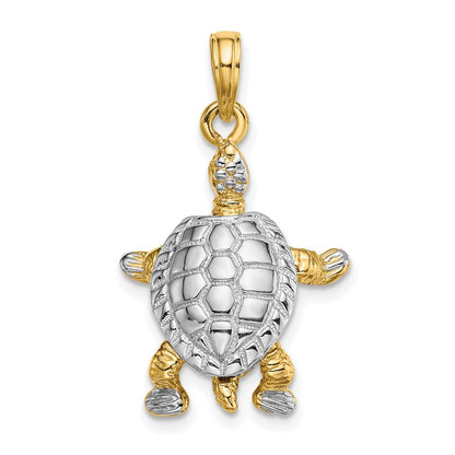 14K Gelb- und Rhodiumgold mit Weißrhodium 3-D-Landschildkröten-Charm mit beweglichem Kopf