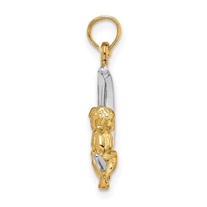 14K Gelb- und Rhodiumgold Charm 3-D Engel auf Mond mit Rhodium