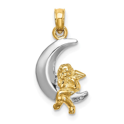 14K Gelb- und Rhodiumgold Charm 3-D Engel auf Mond mit Rhodium