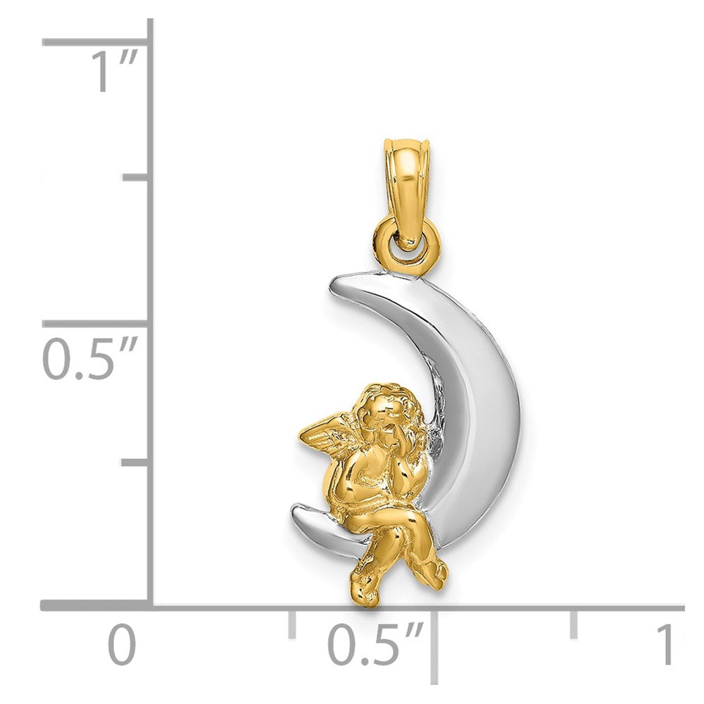 14K Gelb- und Rhodiumgold Charm 3-D Engel auf Mond mit Rhodium