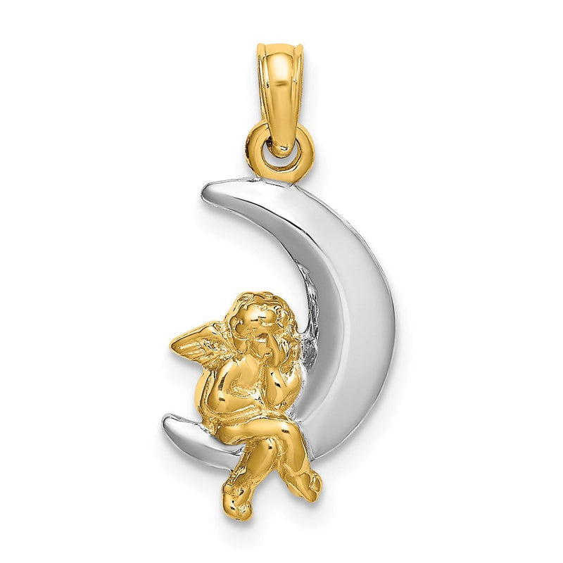 14K Gelb- und Rhodiumgold Charm 3-D Engel auf Mond mit Rhodium