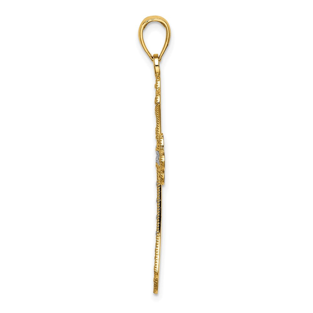 14 Karat Gelb- und Rhodiumgold mit rhodinierten gewellten Kanten Kreuz-Charm