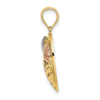 14K Bicolor Gold Herz-Charm mit LOVE und Blumen, mit Weißrhodinierung