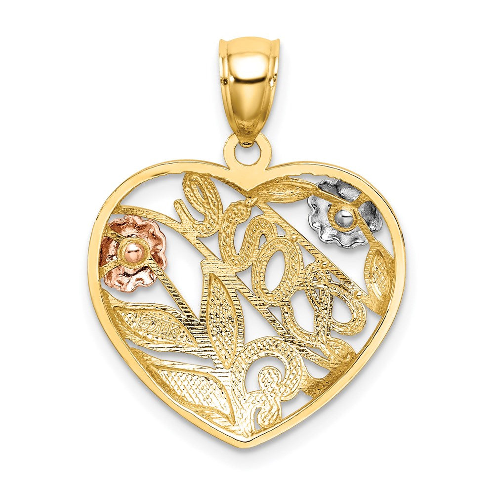 14K Bicolor Gold Herz-Charm mit LOVE und Blumen, mit Weißrhodinierung