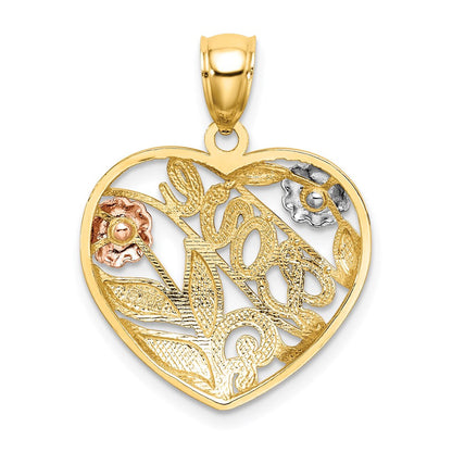 14K Bicolor Gold Herz-Charm mit LOVE und Blumen, mit Weißrhodinierung