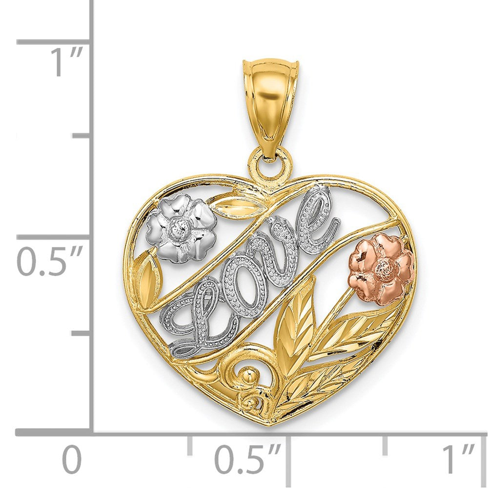 14K Bicolor Gold Herz-Charm mit LOVE und Blumen, mit Weißrhodinierung