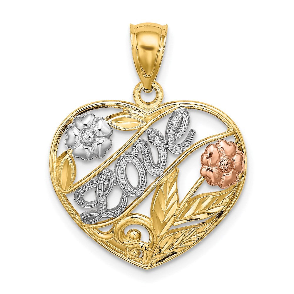 14K Bicolor Gold Herz-Charm mit LOVE und Blumen, mit Weißrhodinierung