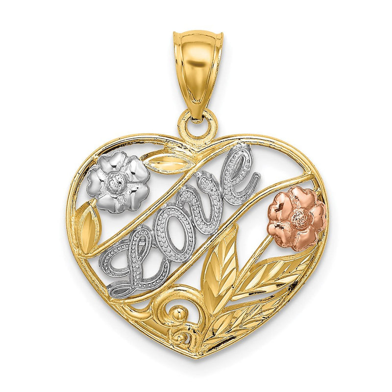 14K Bicolor Gold Herz-Charm mit LOVE und Blumen, mit Weißrhodinierung