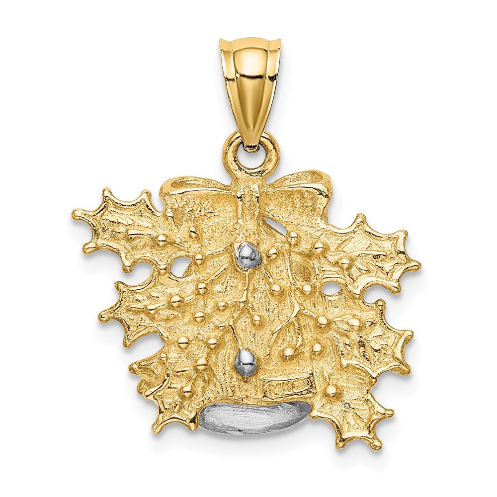 14K Bicolor-Gold 3-D Weihnachtsglocke-und-Stechpalme-Charm