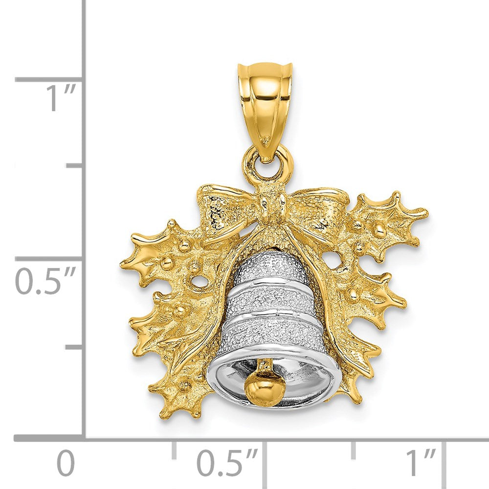 14K Bicolor-Gold 3-D Weihnachtsglocke-und-Stechpalme-Charm