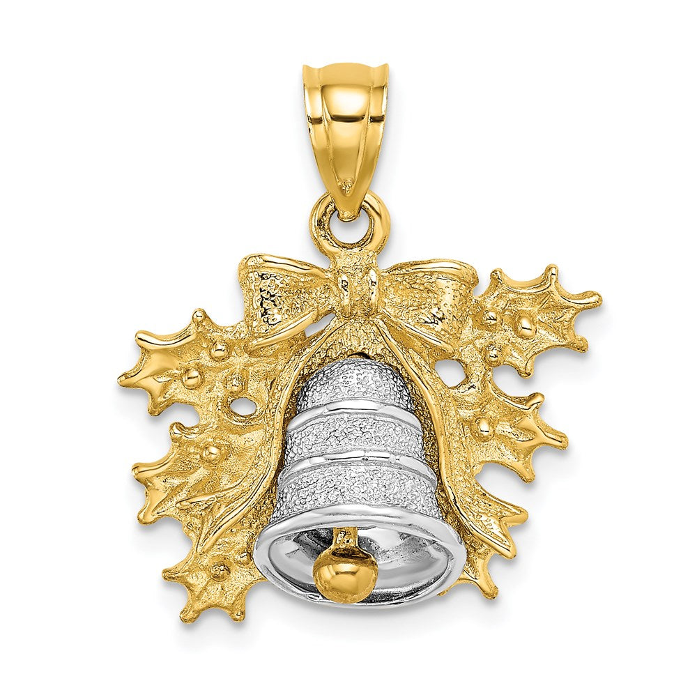 14K Bicolor-Gold 3-D Weihnachtsglocke-und-Stechpalme-Charm