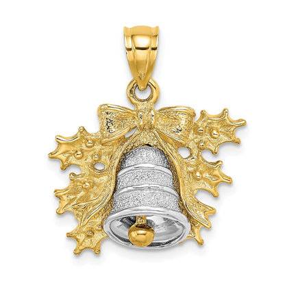 14K Bicolor-Gold 3-D Weihnachtsglocke-und-Stechpalme-Charm