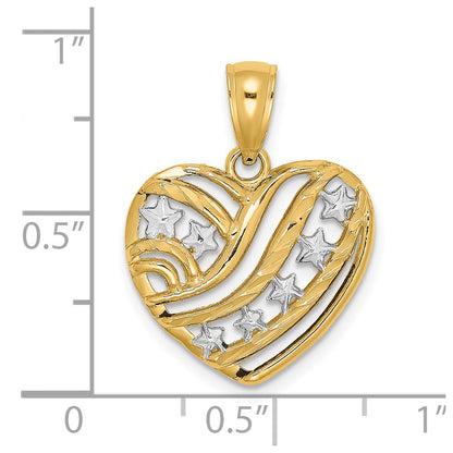 14K Gelb & Rhodium mit Rhodium Sterne und Stripes Herz Charm