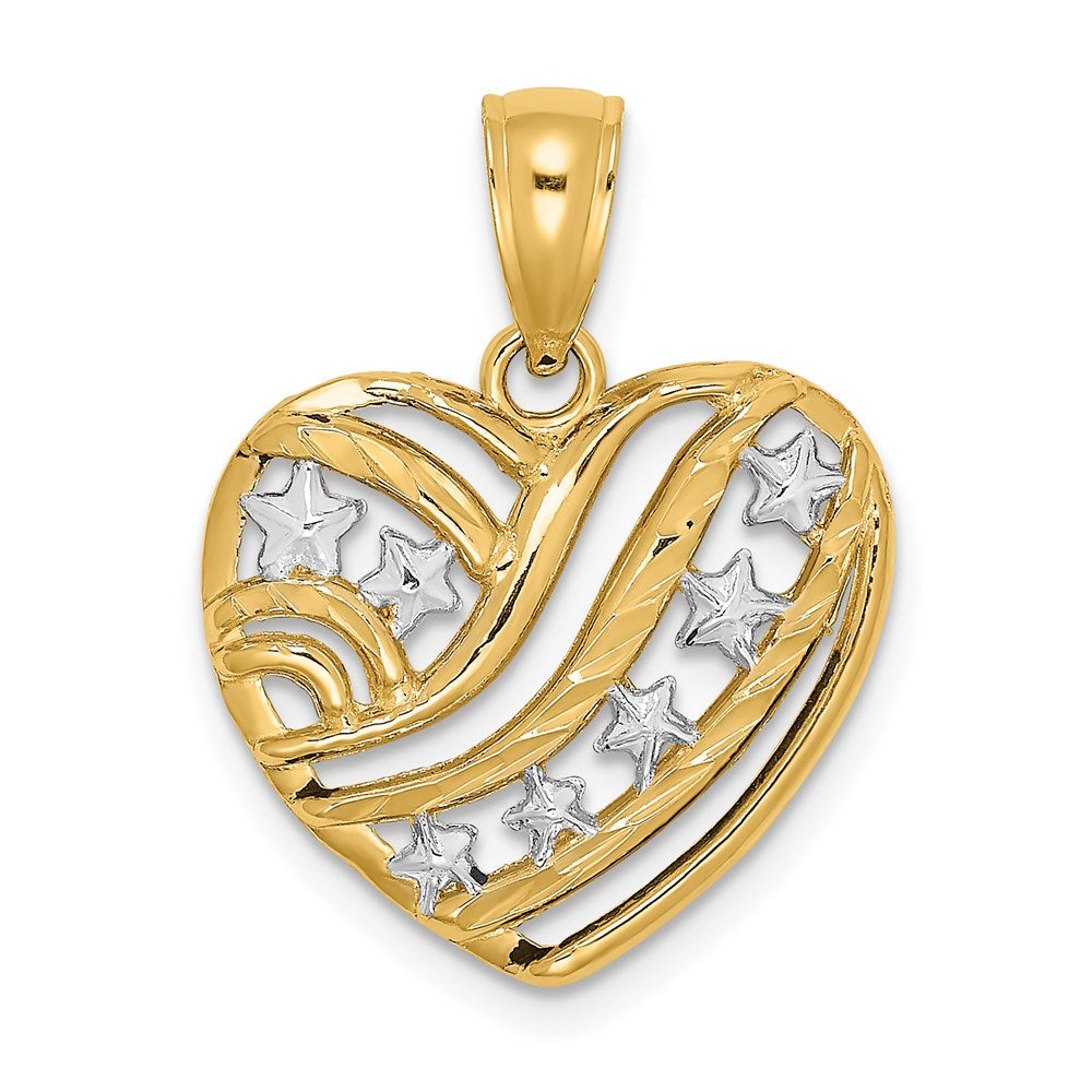 14K Gelb & Rhodium mit Rhodium Sterne und Stripes Herz Charm