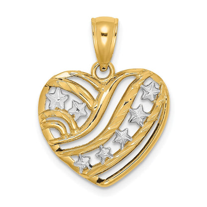14K Gelb & Rhodium mit Rhodium Sterne und Stripes Herz Charm