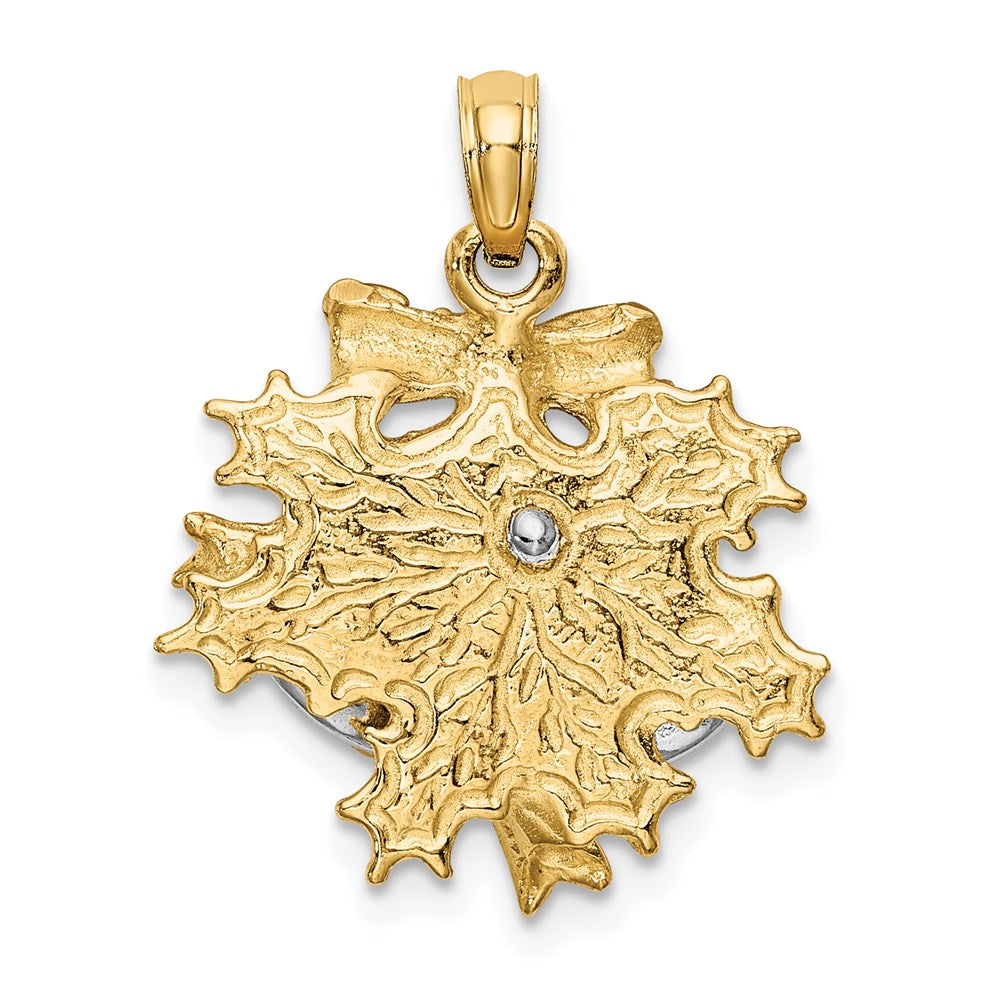 14K Bicolor-Gold 3-D Weihnachtsglocke-und-Stechpalme-Charm
