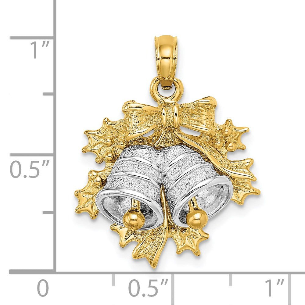 14K Bicolor-Gold 3-D Weihnachtsglocke-und-Stechpalme-Charm