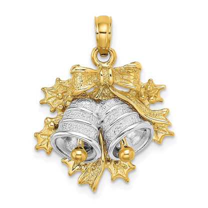 14K Bicolor-Gold 3-D Weihnachtsglocke-und-Stechpalme-Charm