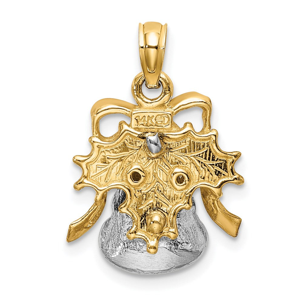 14K Bicolor-Gold 3-D Weihnachtsglocke-und-Stechpalme-Charm