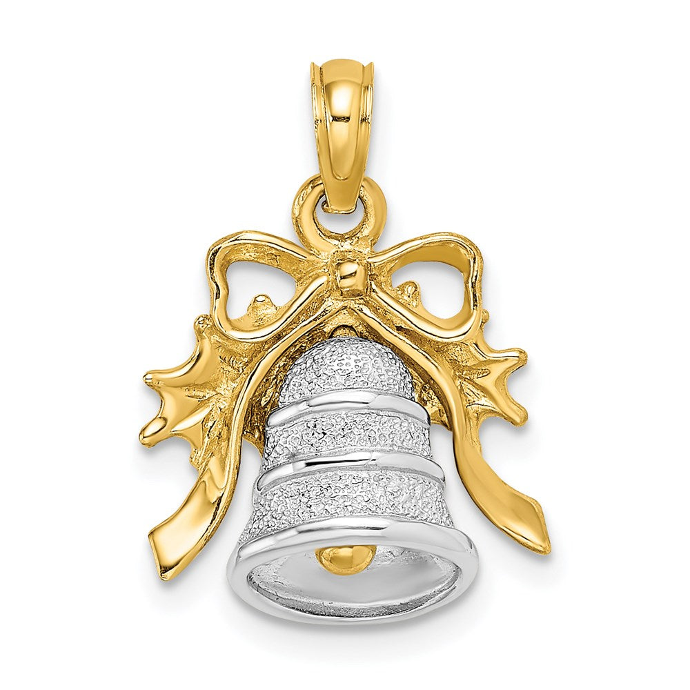 14K Bicolor-Gold 3-D Weihnachtsglocke-und-Stechpalme-Charm
