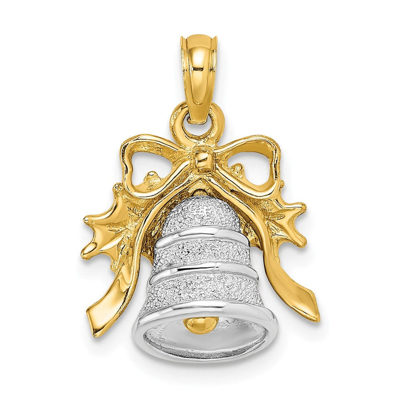 14K Bicolor-Gold 3-D Weihnachtsglocke-und-Stechpalme-Charm