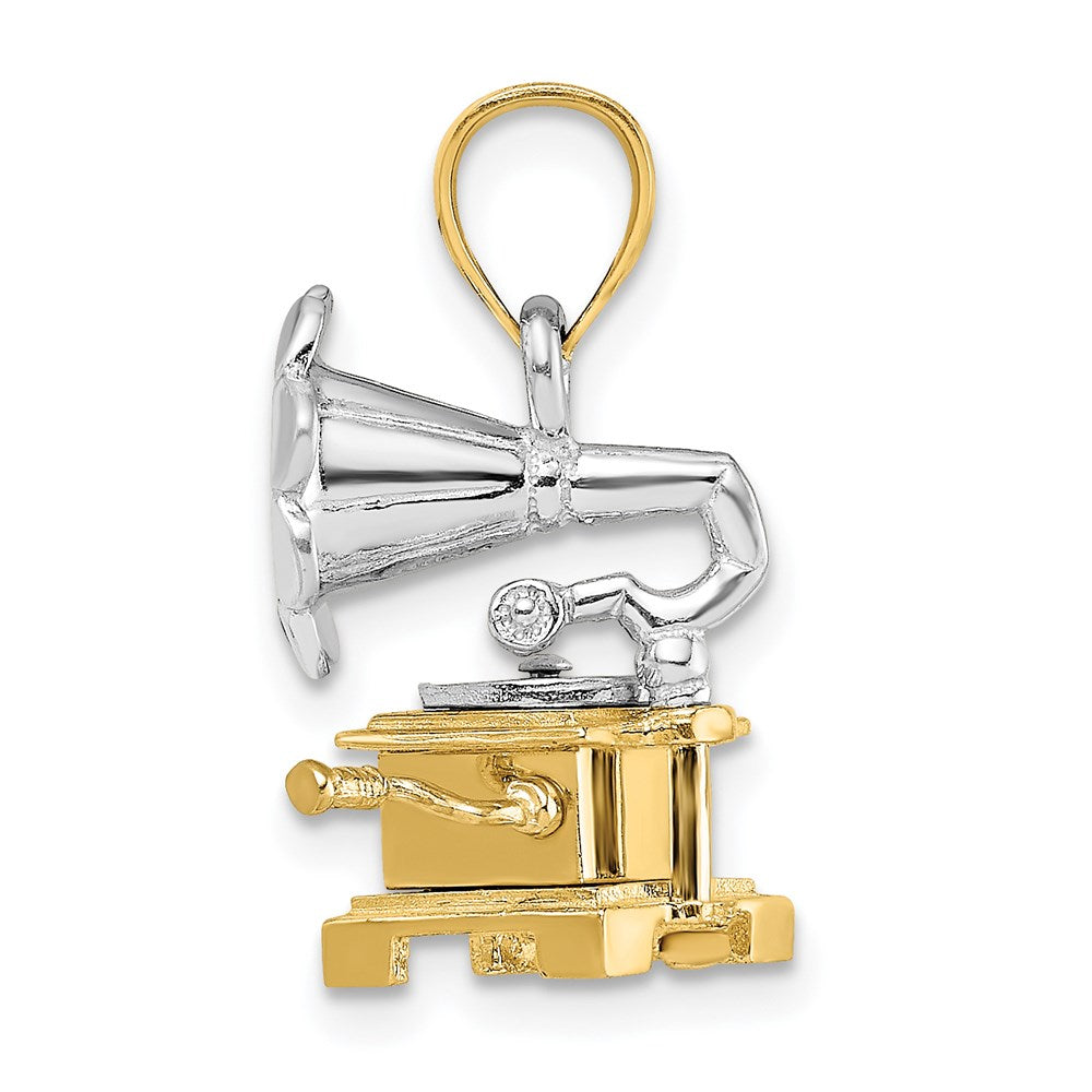 14K Bicolor-Gold 3-D Beweglicher Grammophon-Charm