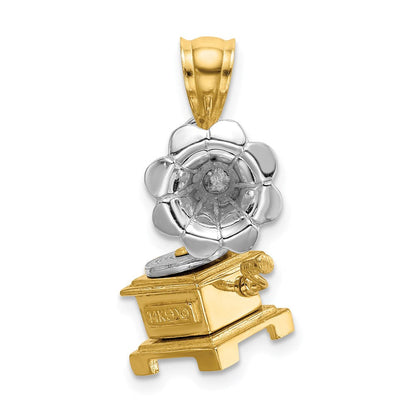 14K Bicolor-Gold 3-D Beweglicher Grammophon-Charm