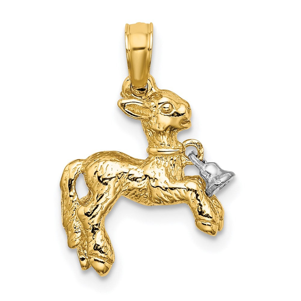 14K Bicolor-Gold Verspielter 3-D-Lamm-Charm mit beweglichem Glöckchen