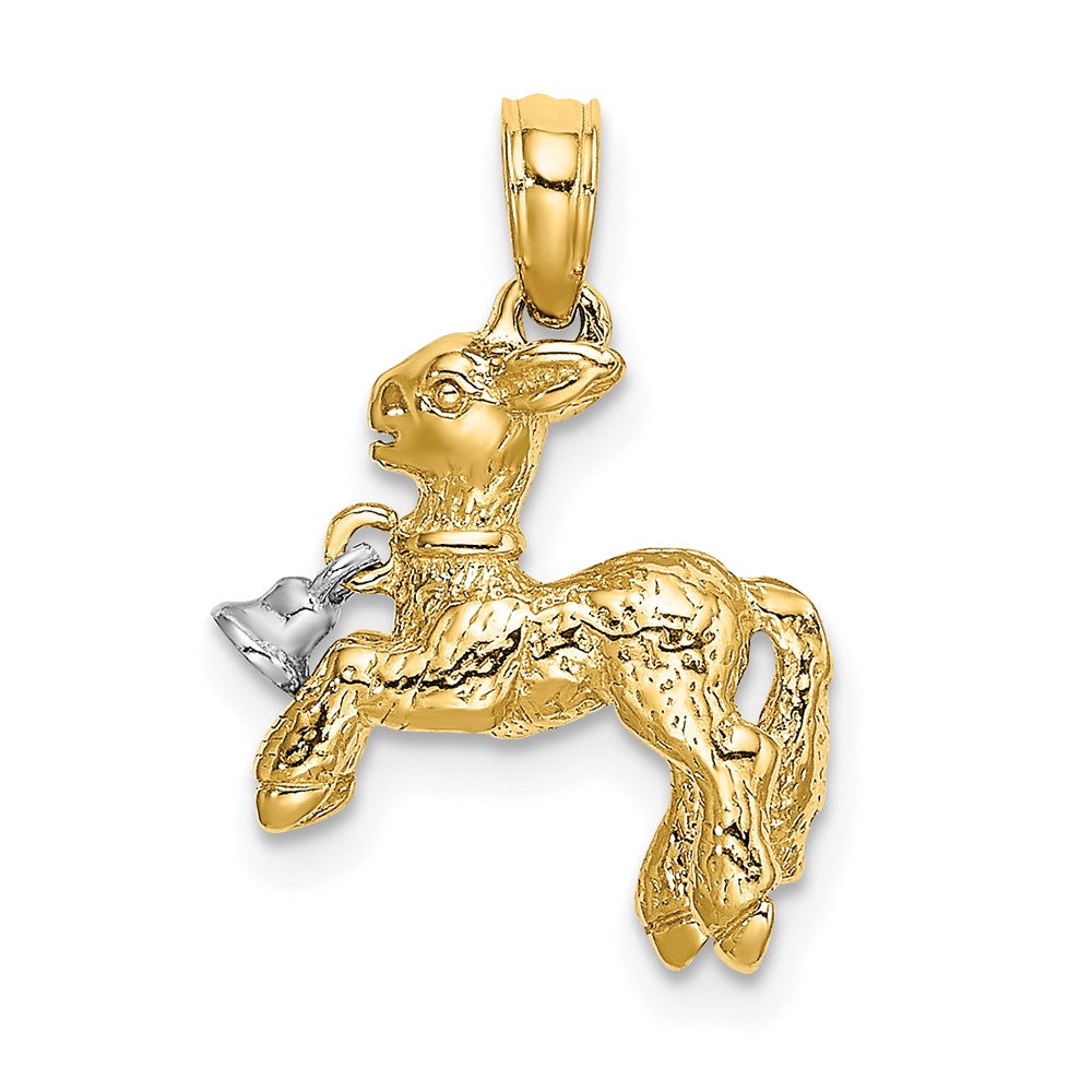 14K Bicolor-Gold Verspielter 3-D-Lamm-Charm mit beweglichem Glöckchen