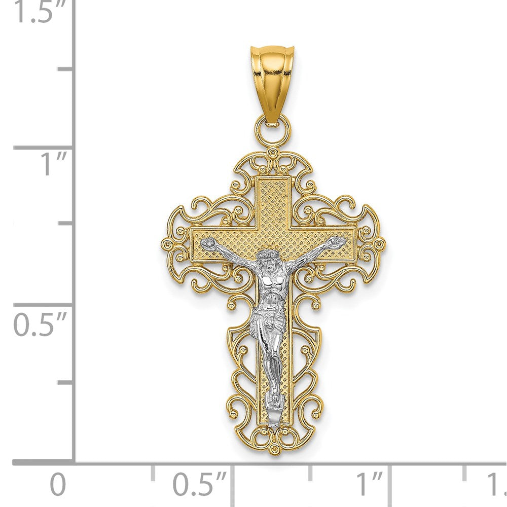 14K Bicolor-Gold Kruzifix-Charm mit Spitzenrand-Besatz
