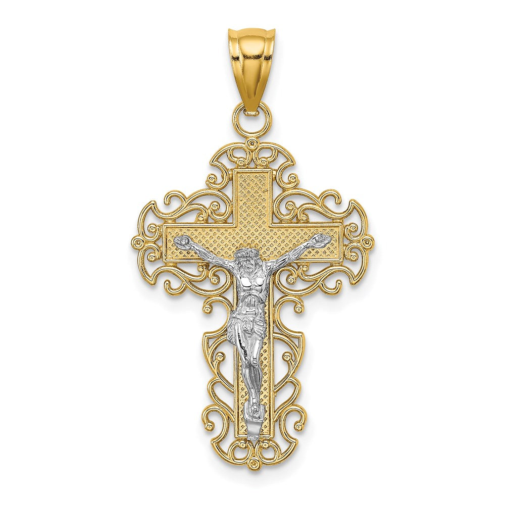 14K Bicolor-Gold Kruzifix-Charm mit Spitzenrand-Besatz