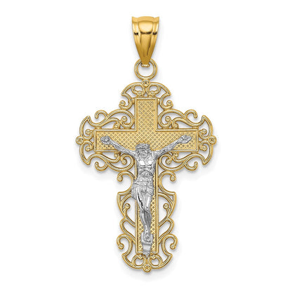 14K Bicolor-Gold Kruzifix-Charm mit Spitzenrand-Besatz