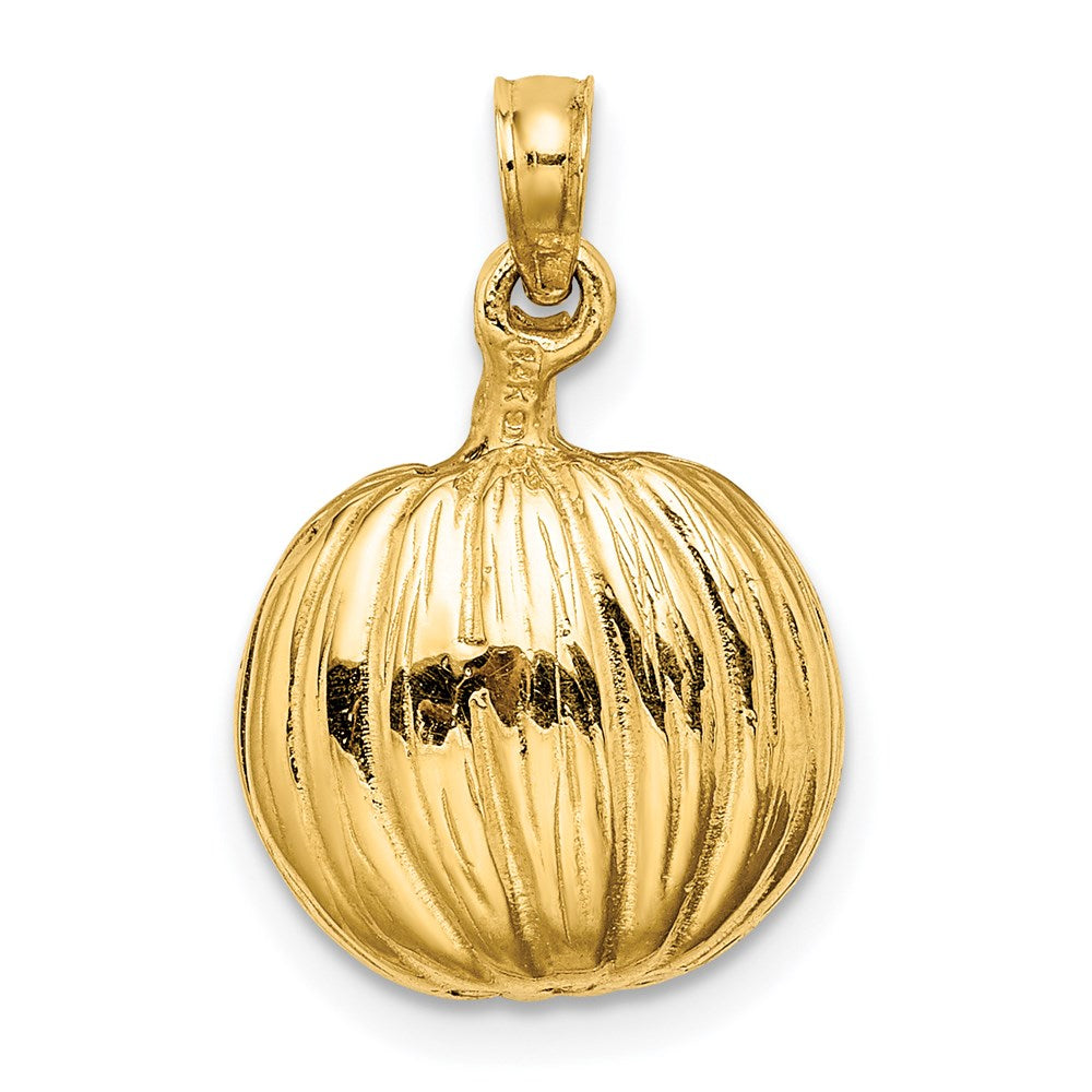 14 Karat Gelb- und Rhodiumgold mit Rhodium 3-D-Kürbislaterne mit emailliertem schwarzen Kater- und Mond-Charm