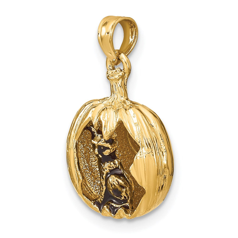 14 Karat Gelb- und Rhodiumgold mit Rhodium 3-D-Kürbislaterne mit emailliertem schwarzen Kater- und Mond-Charm