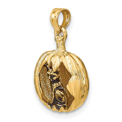 14 Karat Gelb- und Rhodiumgold mit Rhodium 3-D-Kürbislaterne mit emailliertem schwarzen Kater- und Mond-Charm