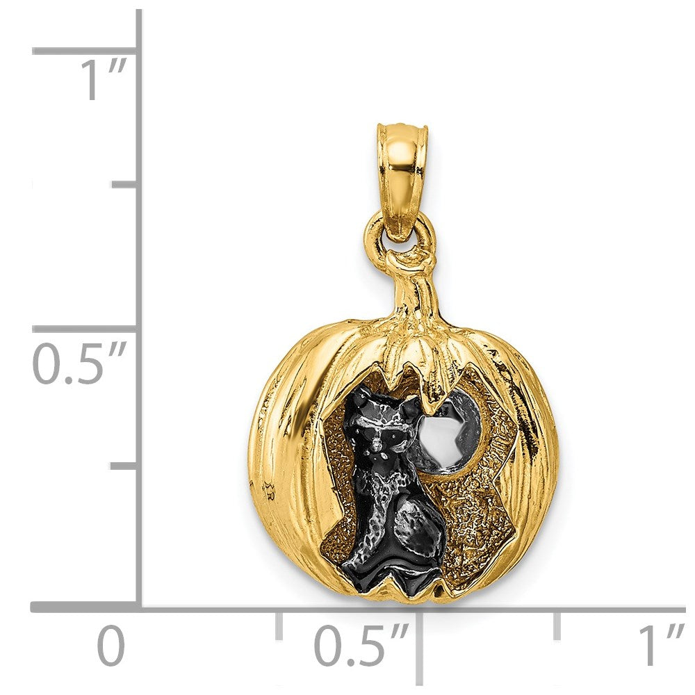 14 Karat Gelb- und Rhodiumgold mit Rhodium 3-D-Kürbislaterne mit emailliertem schwarzen Kater- und Mond-Charm