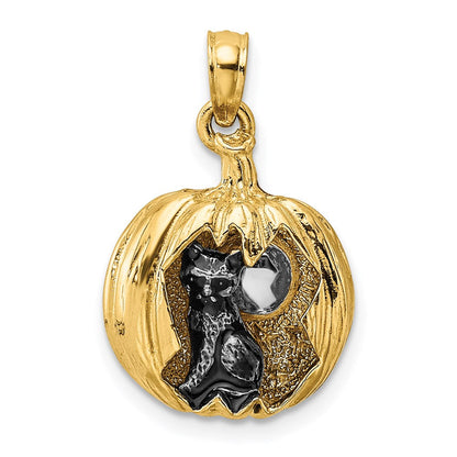 14 Karat Gelb- und Rhodiumgold mit Rhodium 3-D-Kürbislaterne mit emailliertem schwarzen Kater- und Mond-Charm