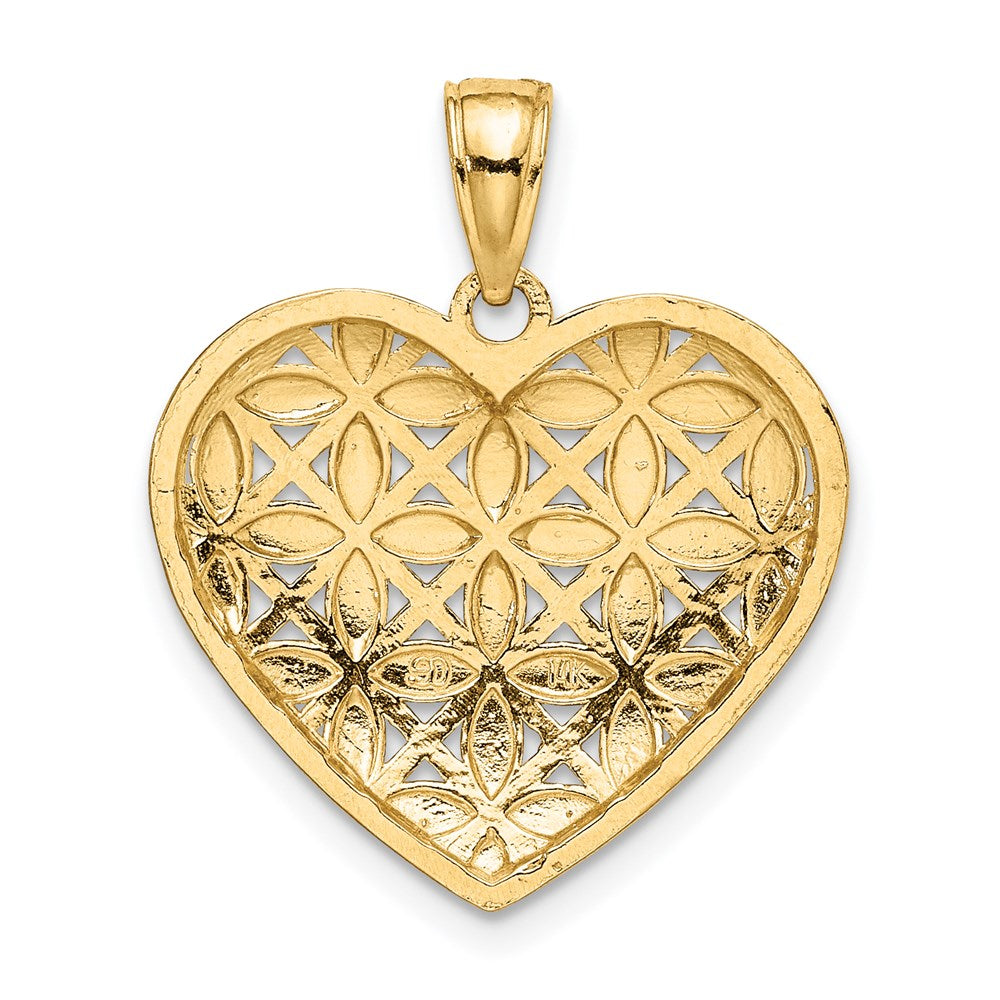 14K Gelbgold & Rhodium mit Rhodium diamantgeschliffenen Blättern im Herz-Charm