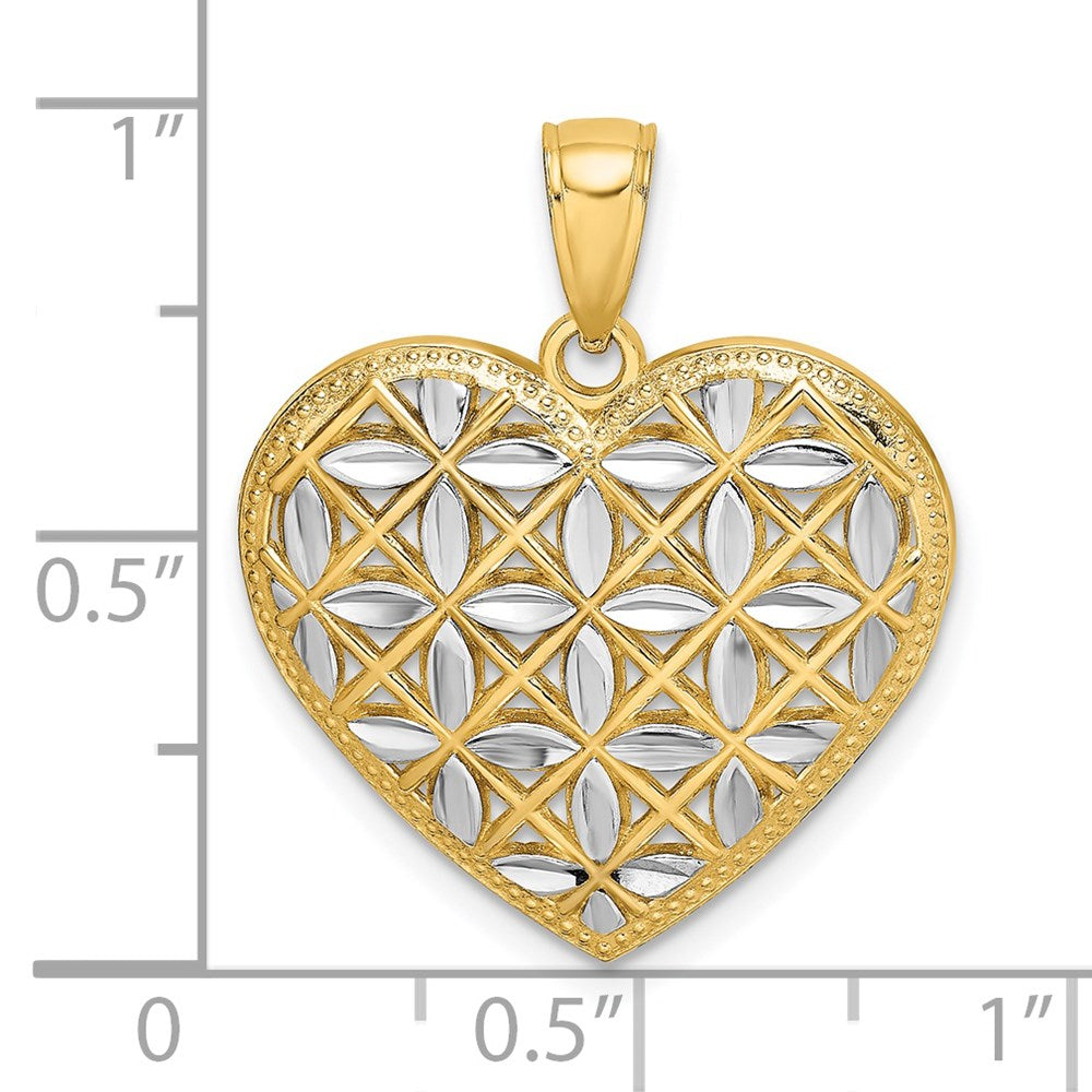 14K Gelbgold & Rhodium mit Rhodium diamantgeschliffenen Blättern im Herz-Charm
