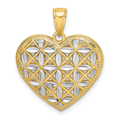 14K Gelbgold & Rhodium mit Rhodium diamantgeschliffenen Blättern im Herz-Charm