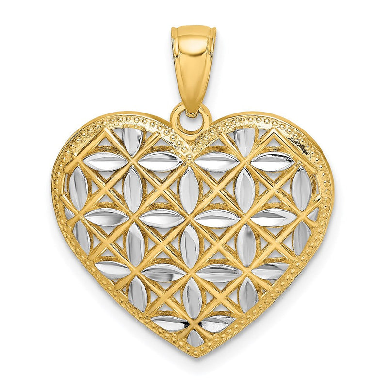 14K Gelbgold & Rhodium mit Rhodium diamantgeschliffenen Blättern im Herz-Charm